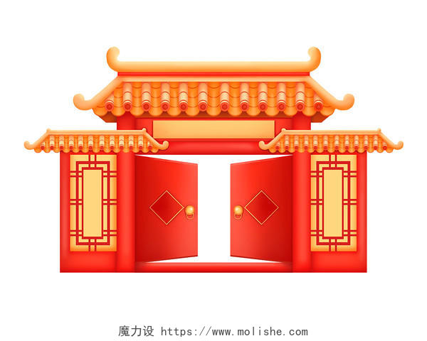 红色手绘国潮古风中国风建筑开门红新年春节元素PNG素材